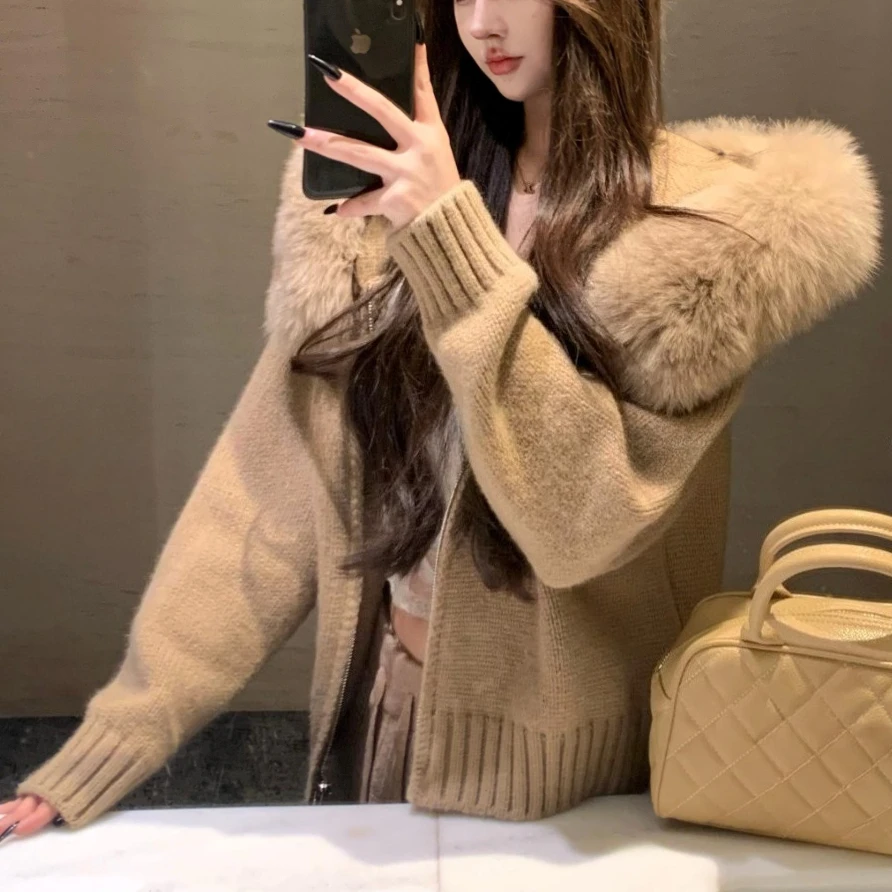 

Cardigan for Women Knitwear Female Spring Fashion Short Knitted Jacket Autumn Hooded Real Fox Fur Coat Natural Fur Coat Casual