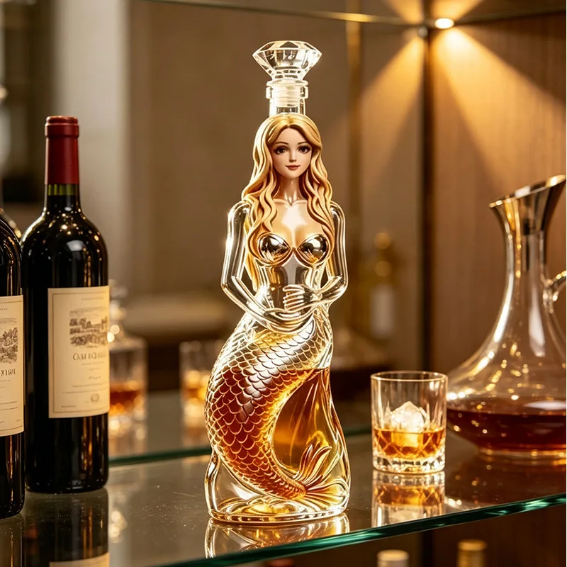 Mermaid Design Borosilicate Glass Whisky Decanter with Diamond Cap Home Bar Decor Collectible Party Gift Bottle