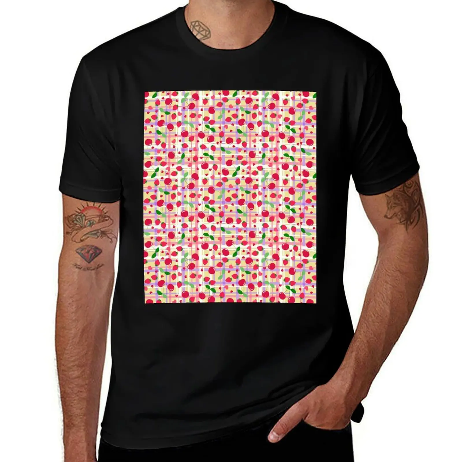 Cherries and hearts with background check. T-Shirt Basic Solid Tee for Daily Use T-Shirt