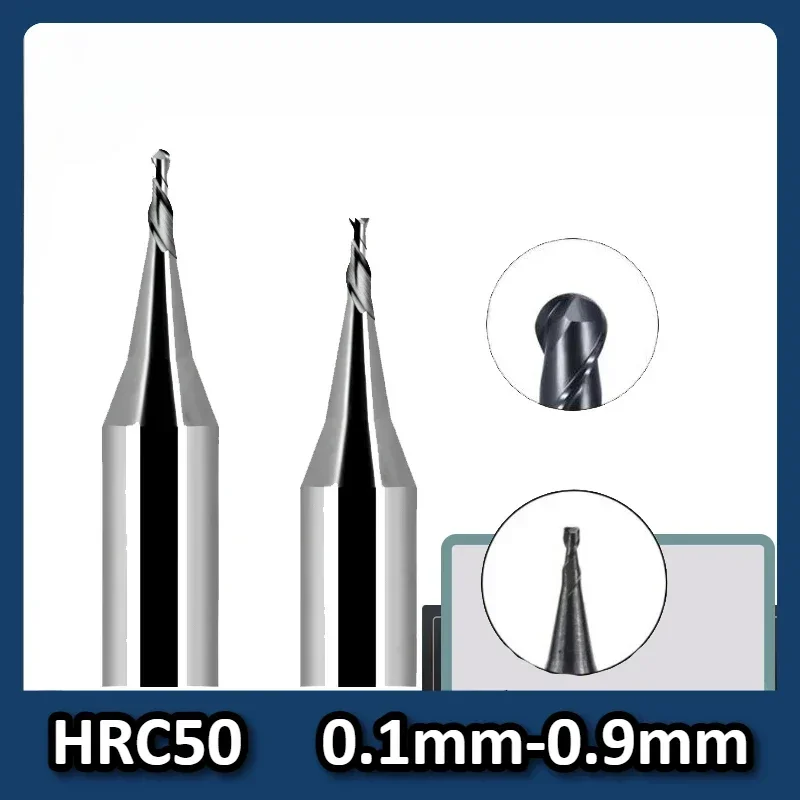 0.2mm 0.3mm 2 Flute HRC60 Micro Ball End Mill Tungsten Carbide Flat 4mm Shank Milling Cutter Mirco CNC Engraving Bit 0.2-0.9mm