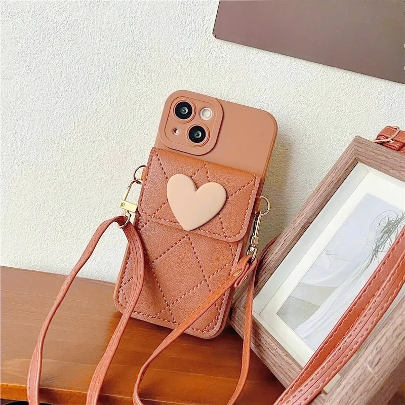 Niedliche Crossbody-Lanyard-Hülle für iPhone 18 17 16 15 14 11 12 13 Pro Max Plus mit 3D-Halskettenband, Kartenfächern und Herz-Design.