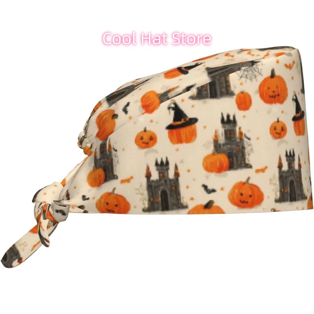 1pc Adjustable Scrub Cap with Sweatband - Lightweight 100%, Fun Halloween & Everyday Cap with Spooky Castle & Jack-O-Lantern Des