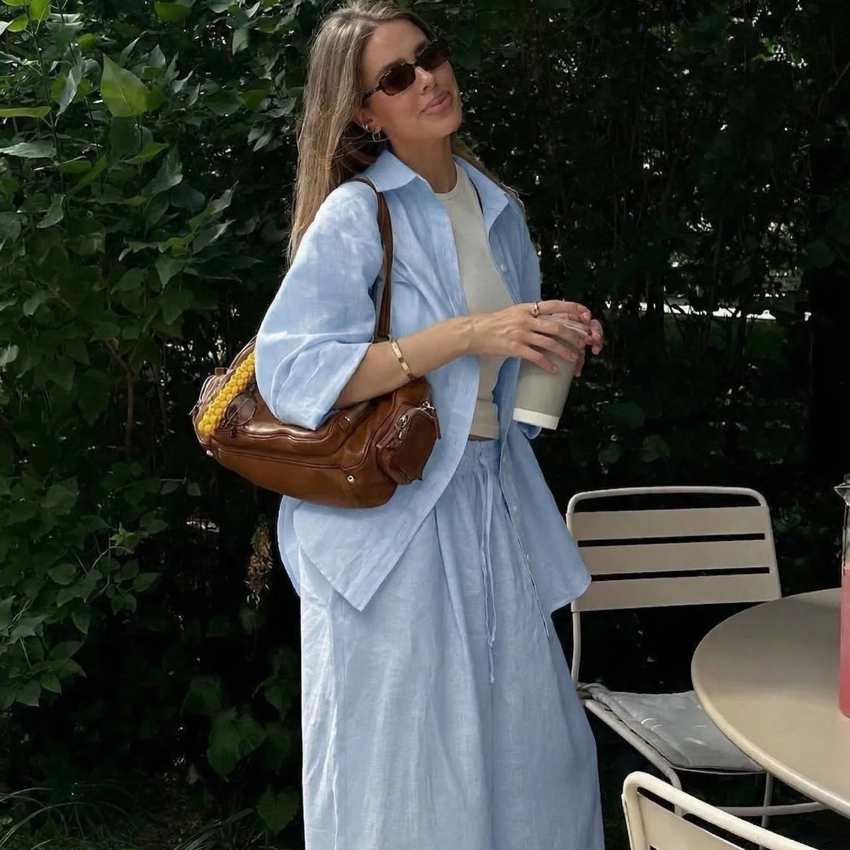 Cross-Border Solid Color Set, European American 2026 Spring New Women's Long-Sleeve Shirt And Loose Pants Two-Piece Set