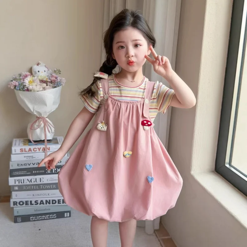 Korean-style short-sleeved suspender dress2026New girls' mushroom outfit, summer two-piece set for girls, casual and lightweight