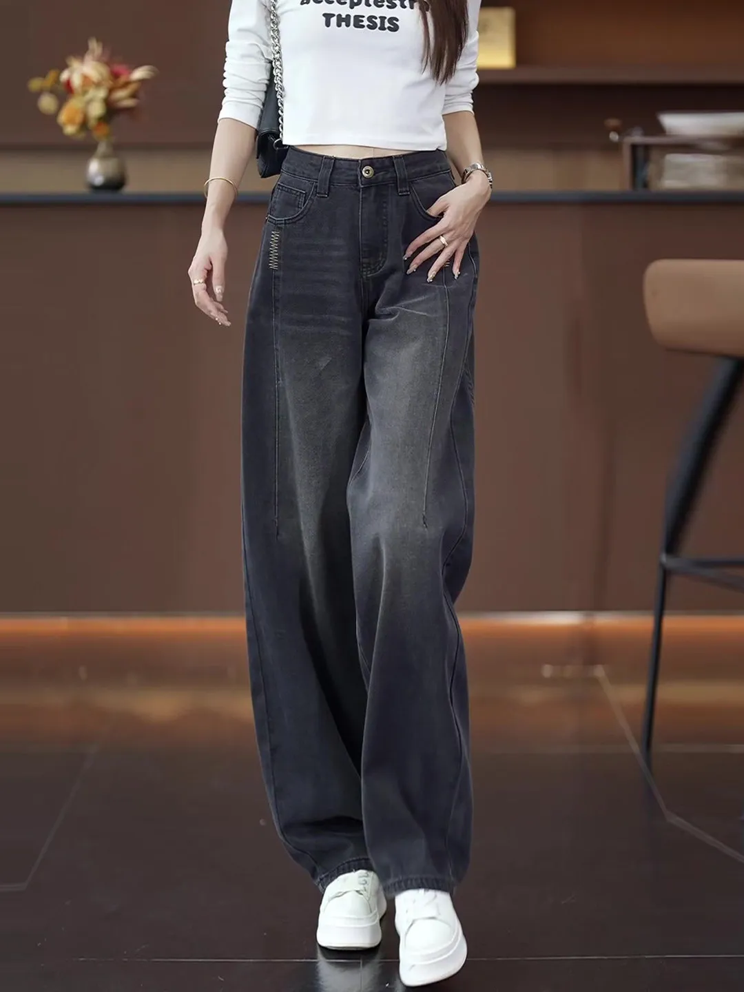 

High Waist Wide Leg Fleece Lined Loose Fit Women's Jeans Grey Black Spring Autumn Comfortable Soft Denim Pants