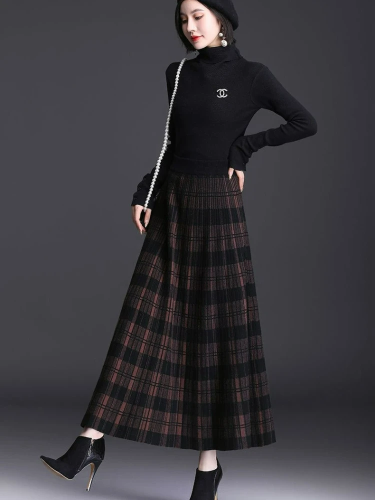 

Клетчатые юбки для женщин Вязаные юбки Зимние длинные юбки Женская мода 2026 Теплая черная юбка большого размера Элегантная длинная женская юбка