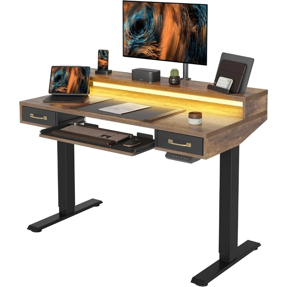 

48 x 24 Inch Height Adjustable Electric Standing Desk with Double Drawers&Keyboard Tray, Stand Up Desk with LED Strips