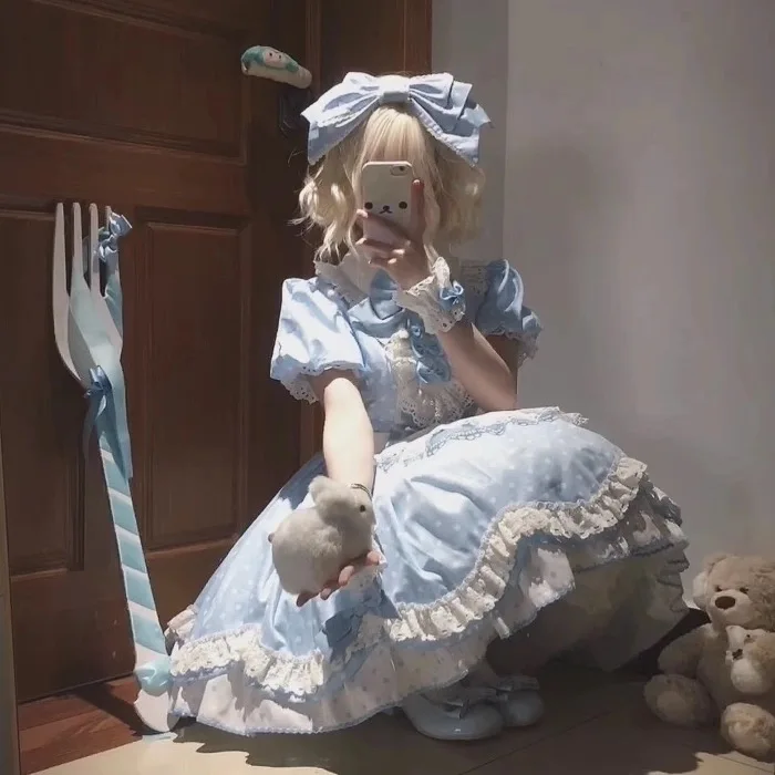 Robe Lolita japonaise douce, ensemble tablier, robe d'été pour filles, avec nœud mignon, imprimé à pois, manches courtes, robe d'anniversaire de princesse OP Y2K