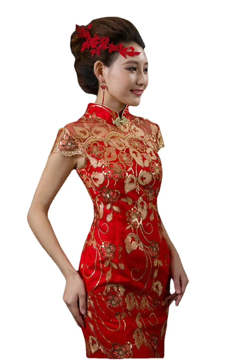 Vestido de novia chino rojo de manga corta para mujer, Cheongsam dorado, ajustado, tradicional, Qipao para fiesta de boda