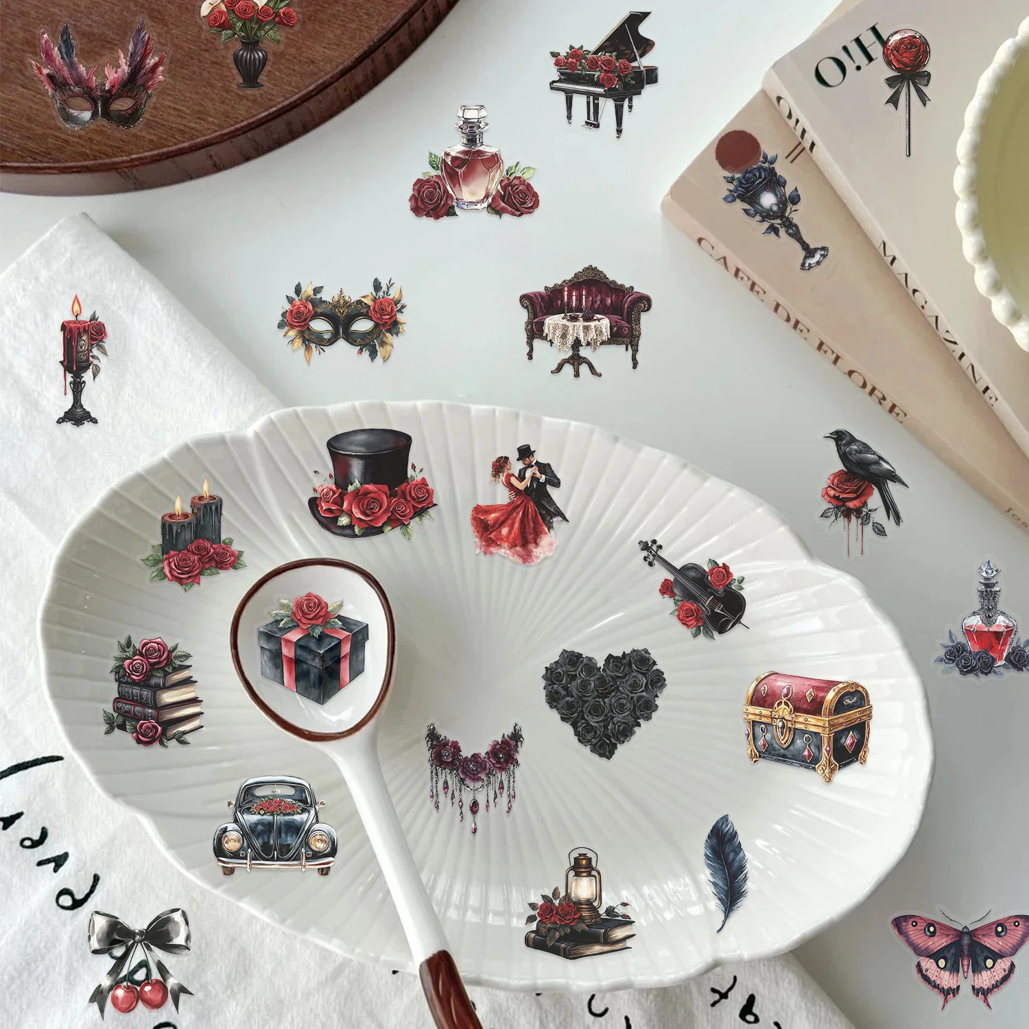 50pcs Black and Red Cartoon Mask Ball Series Stickers Waterproof Gothic American Rose Decoration DIY Water Cup Phone Stickers