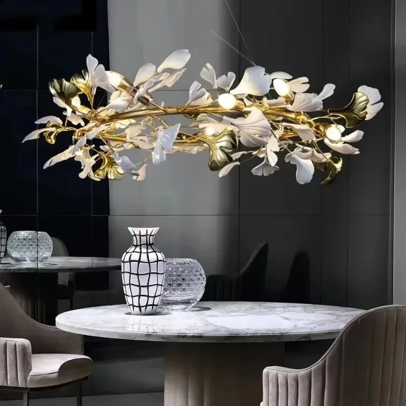 

Simple Iron Chandelier Gingko Leaf Design Hanging Ceiling Art for Living Room Exhibition Hall Hotel Lobby E12 Bulb Base AC Power