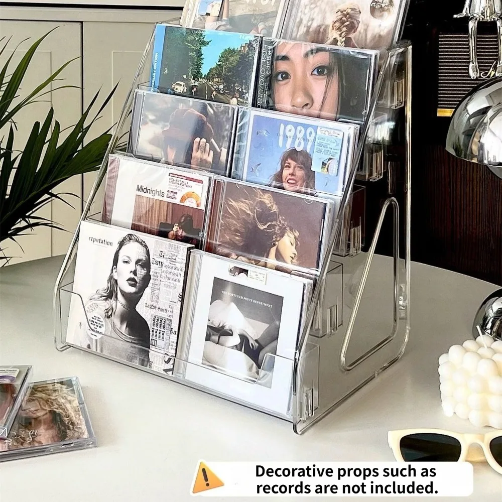 Estante acrílico para CD con escalones, caja de almacenamiento de discos de vinilo, soporte de exhibición multiusos para discos, DVD, cintas, álbumes