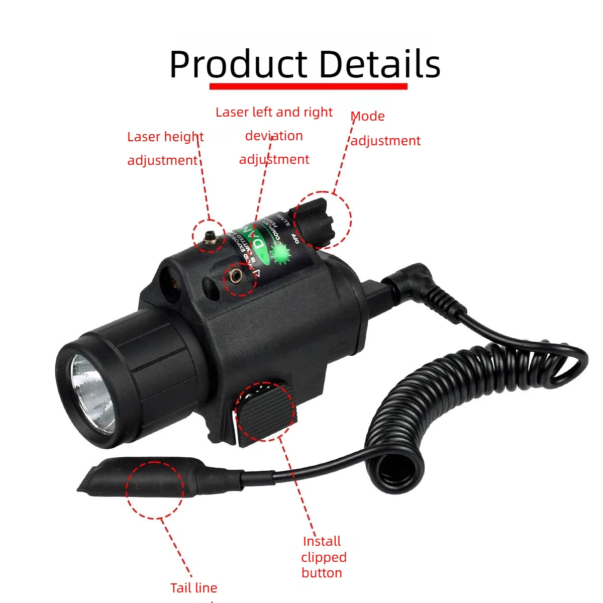 Tactical Flashlight, Mountable, Red and Green Laser, 800 Lumens High-Intensity LED, Multiple Modes, Waterproof, 20mm Rail Mount