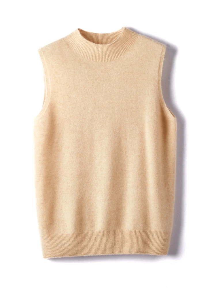 

Women Autumn Winter Vest Sleeveless Pullover 100% Cashmere Sweater Soft Solid Color Knitwear Casual Waistcoat Mock Neck New Tops