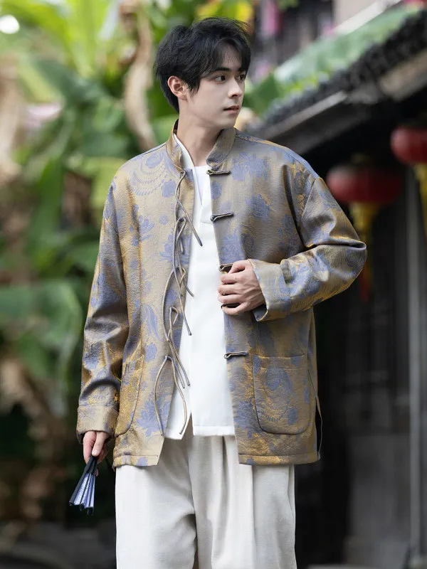 

New Chinese Sle Men's Jaet Satin Surface Embroidery Stand Collar Autumn Winter Faionable Outerwear Traditional Tang Cos...