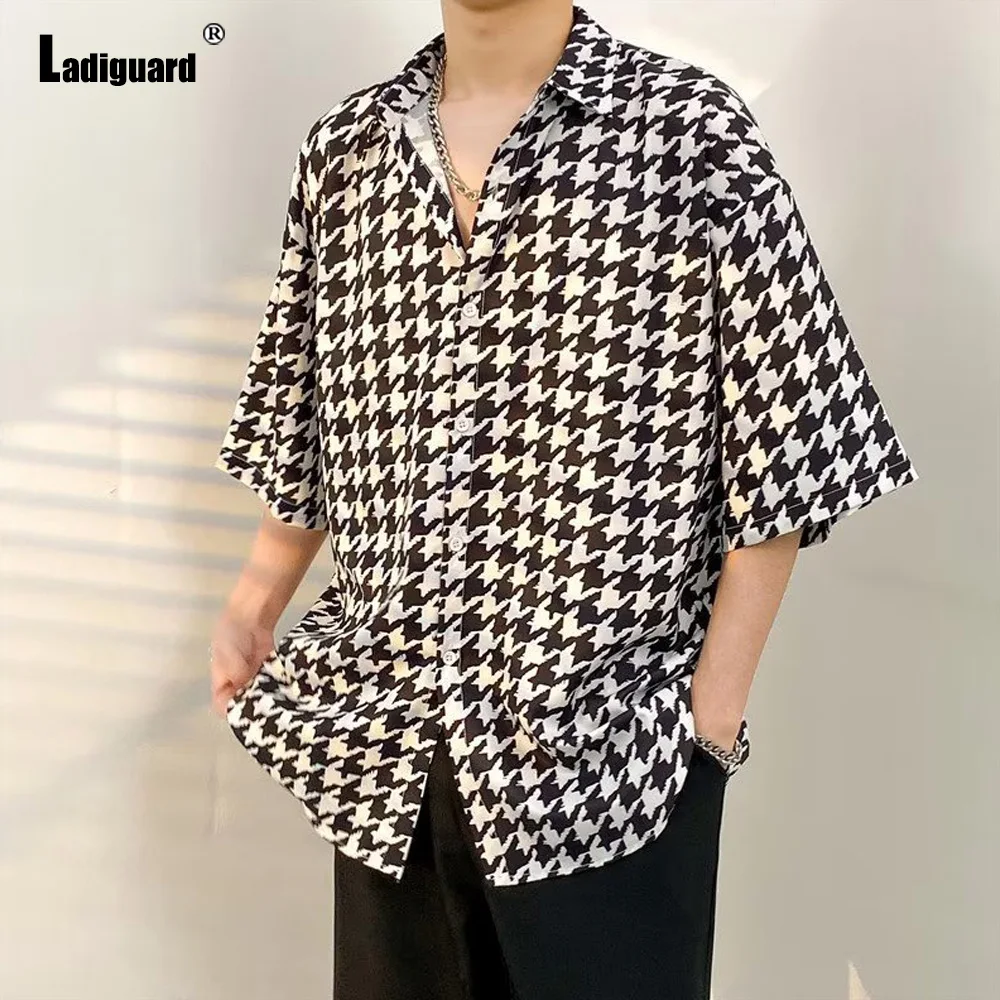 Ladiguard 2024 Mens Short Sleeve Casual Loose Blouse Korean Fashion Houndstooth Print Shirts Masculina Camisa Top blusas Hommes