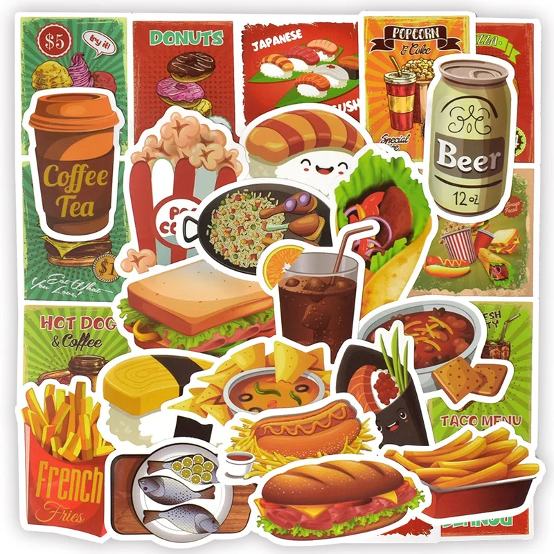 50PCS Tasty Fast Food Stickers Toys for Children Hamburger Fries Pizza Decal Sticker Toy Gift to DIY Car Fridge Not repeating