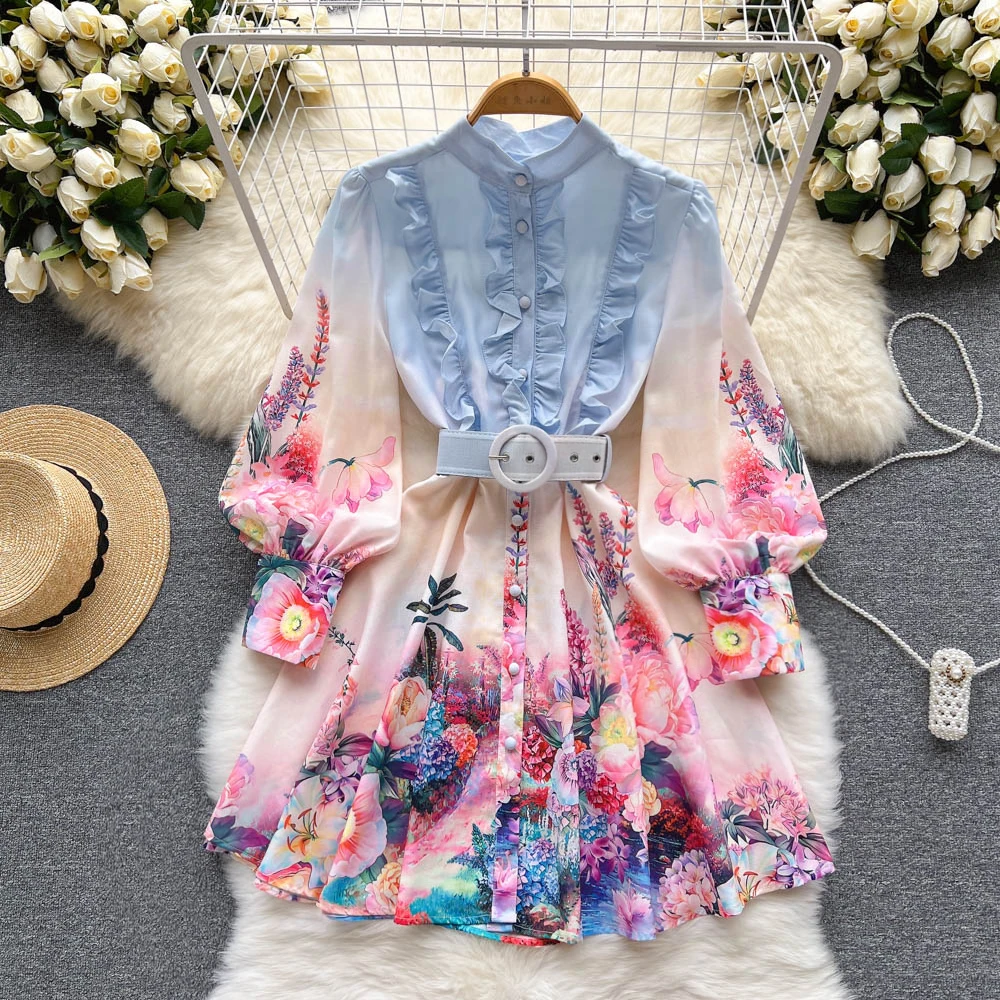 

Chic Print Ruffle Elegant Puff Sleeve Dress A-line Casual Belt Beach Vacation Mini Dress Women Fashion Summer Spring Vestidos