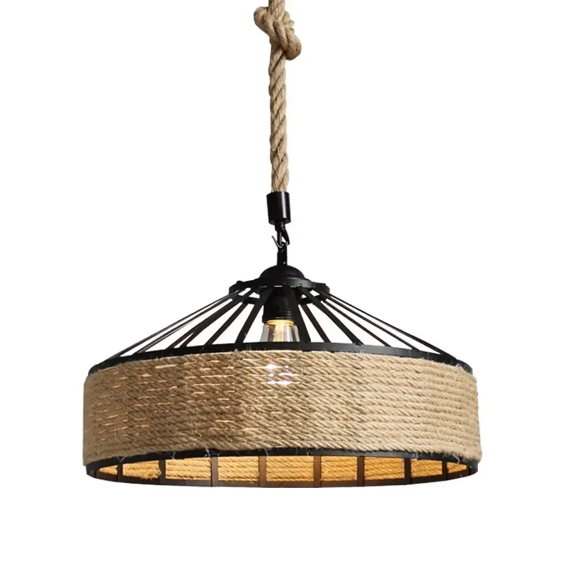 American Country Industrial Style Pendant Light by Iron Art Hemp Rope Ceiling Lamps with Droplets for Kitchen Island Lighting