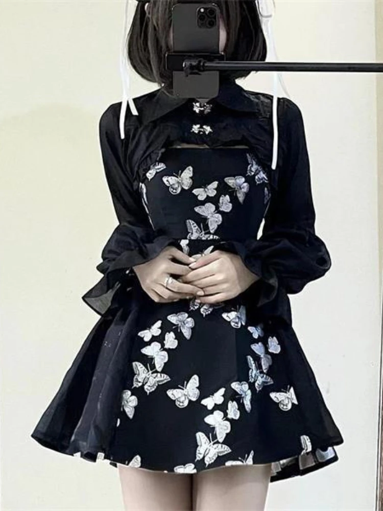 Sukienka z nadrukiem motyla Zestawy strojów damskich Solidny Y2k Estetyczny kardigan Harajuku Słodka sukienka bez rękawów z wysokim stanem 2-częściowe zestawy