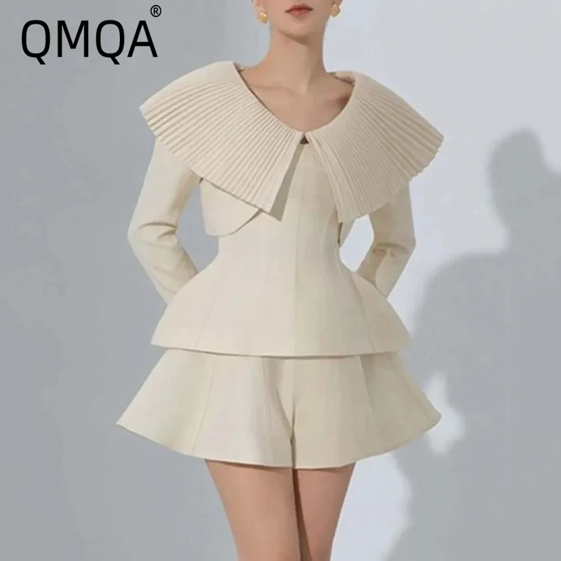 

QMQA Fashion Women's 3 Pcs Set Lapel Pleated Long Sleeves Coat Waist Retraction Slim Tops Wide Legs Shorts Sets Autumn New 1A674