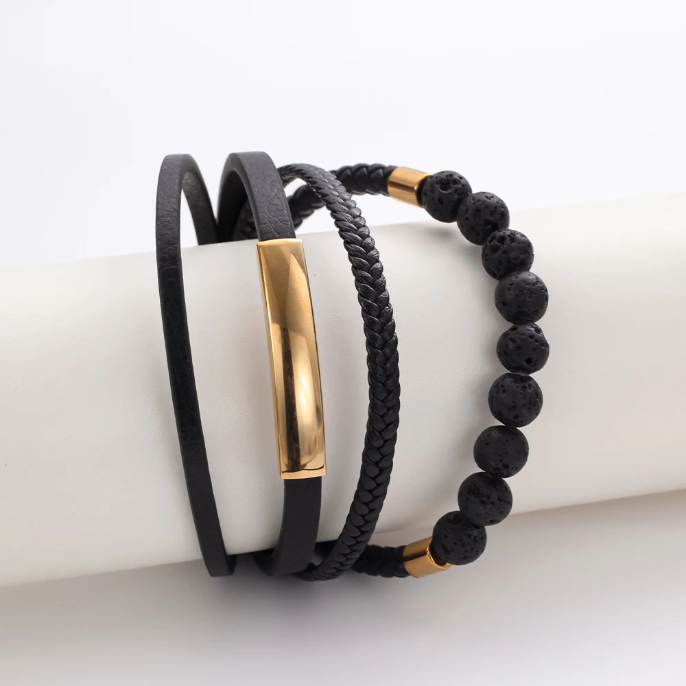 Customizable Engraved Microfiber Leather Multi-Layer Magnetic Clasp Volcanic Stone Bracelet, Stylish and Trendy, Versatile for Everyday Wear, Can Be Used as a Birthday, Valentine's Day, or Anniversary Gift