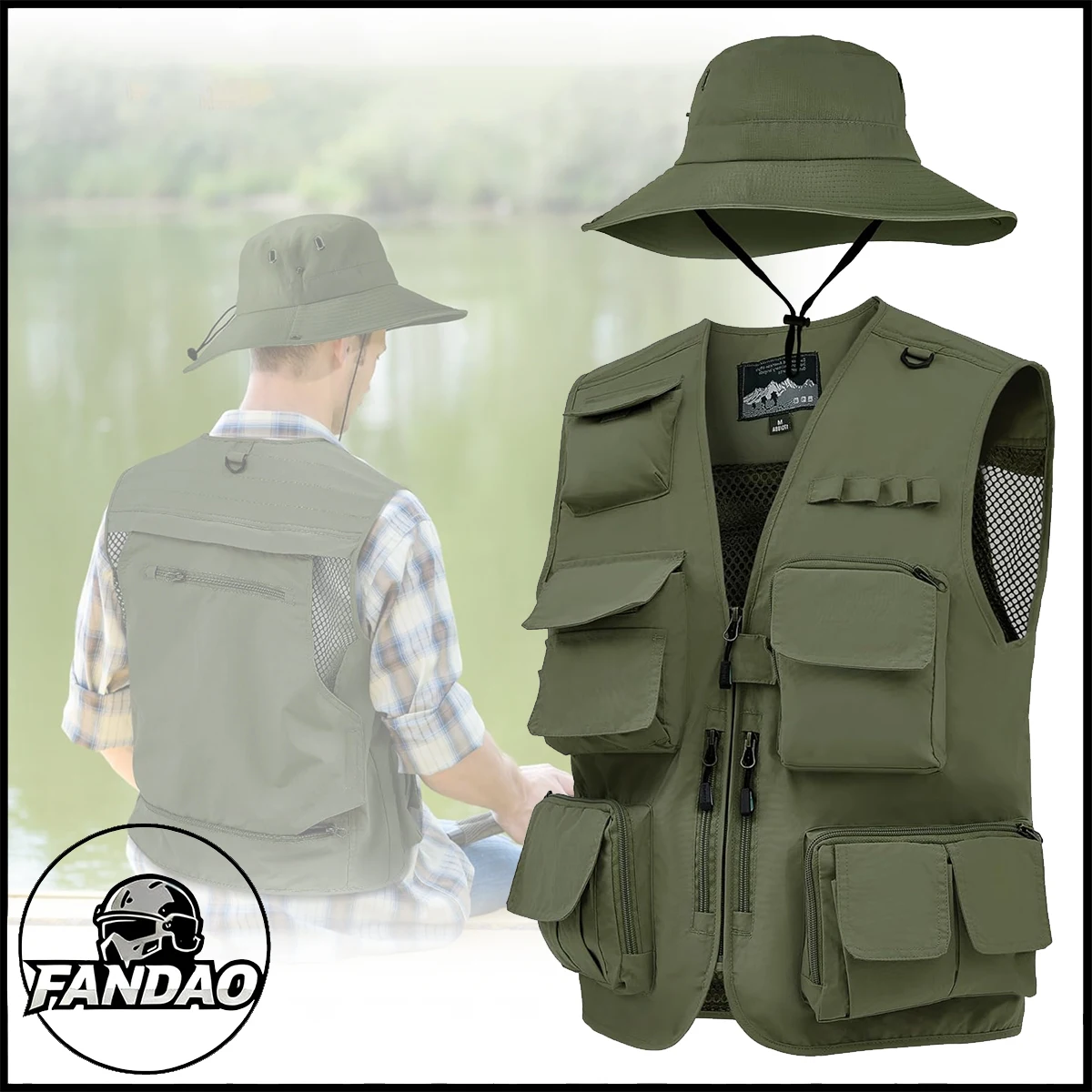 

2 Pcs Men's Fishing Vest with Sun Hat Multi Pocket Hunting Clothing and Equipment for Outdoor Hiking Travel Halloween Cosplay