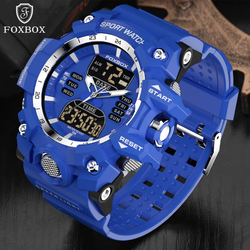 

FOXBOX Sport Digital Watches for Men Army Camouflage Swimming Wristwatch Alarm Clock Calendar LED Backlight Dual Time Watch Blue