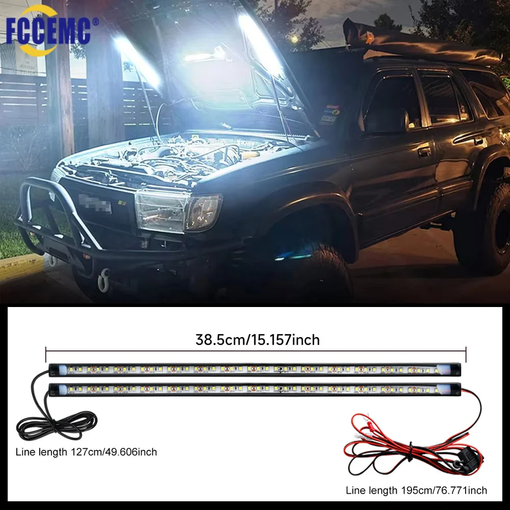 2 In 1 LED Car Under Hood Lighting 12V Universal Waterproof Super Bright White Light Strip Work Inspection Kit Fits Any Vehicle