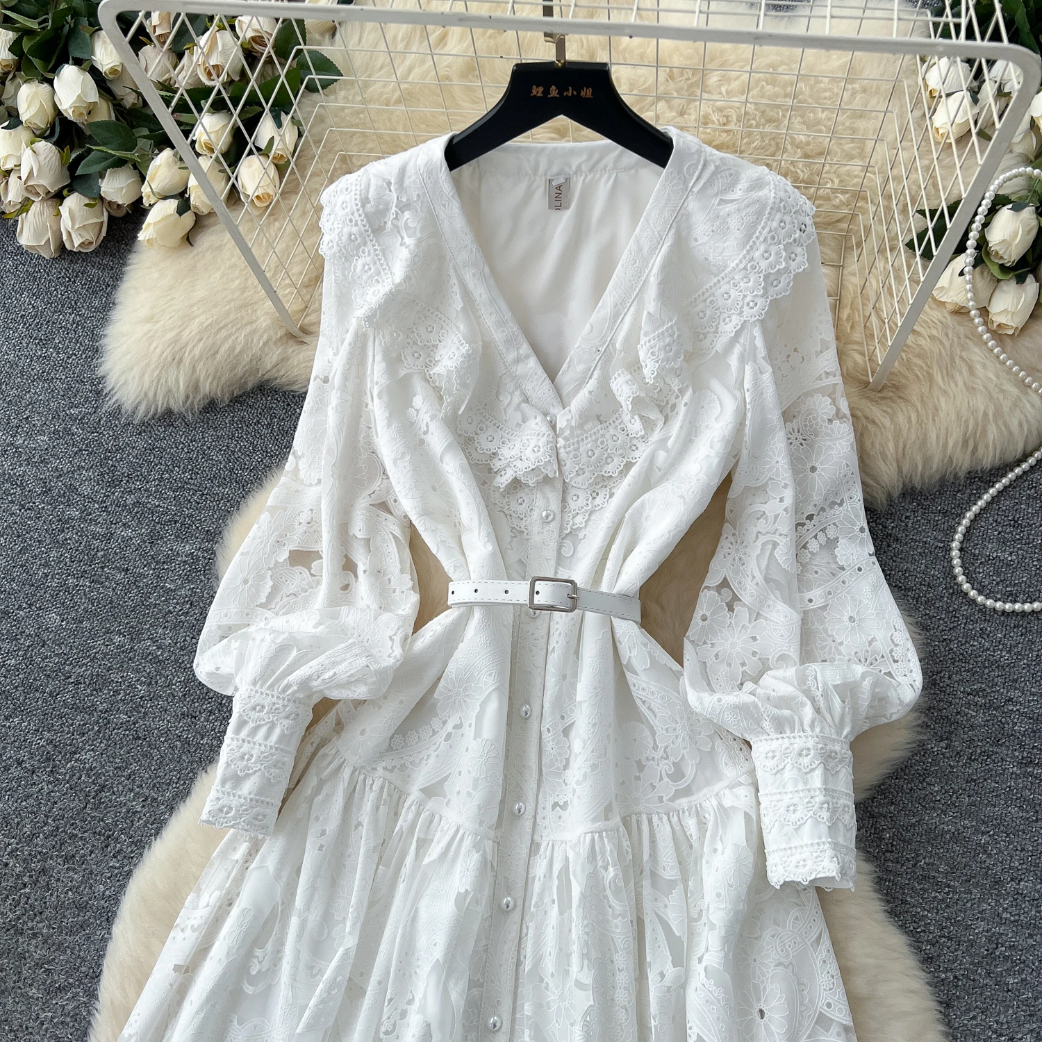 Luz de luxo estilo francês lanterna mangas vestido feminino outono tule recorte crochê plissado design sentido retro longo vestido de noite