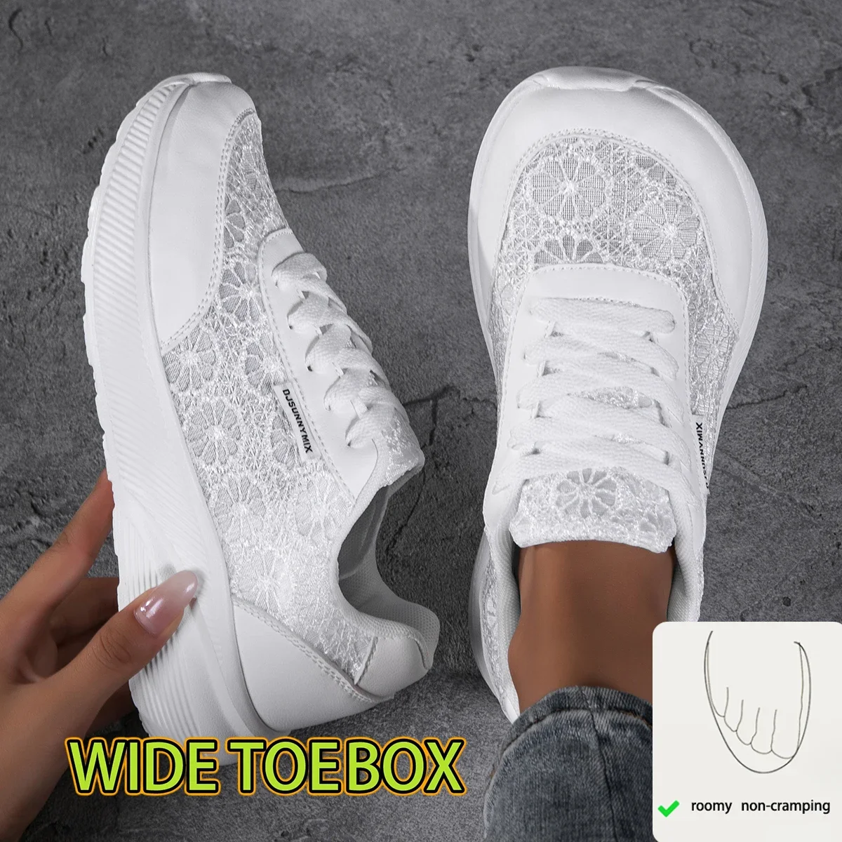

New Summer Women Wide Feet Casual Shoes Fashion Mesh Breathable Lace Floral Pattern Walking Sneakers Soft Black Female Footwear