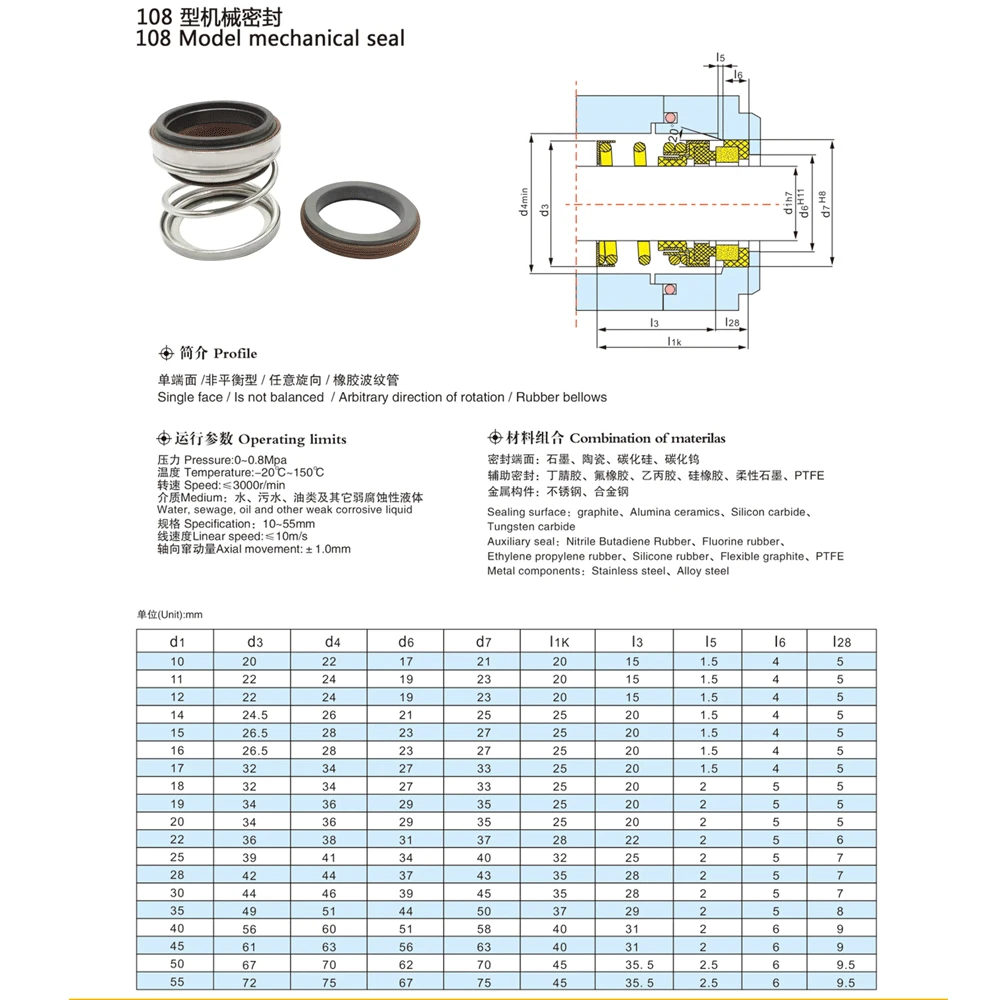 FKM SiC 108 Series Fit 12/14/15/16/17/18/19/20/22/25/28/30/35/40mm Mechanical Shaft Seal With Single Coil Spring For Water Pump