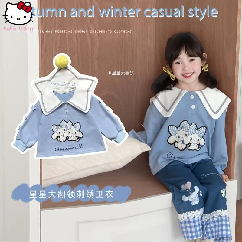 

Детская толстовка с капюшоном в стиле аниме Cinnamoroll Kawaii, осенние новые повседневные джинсы Sanrio, милая футболка в студенческом стиле, мягкие широкие брюки