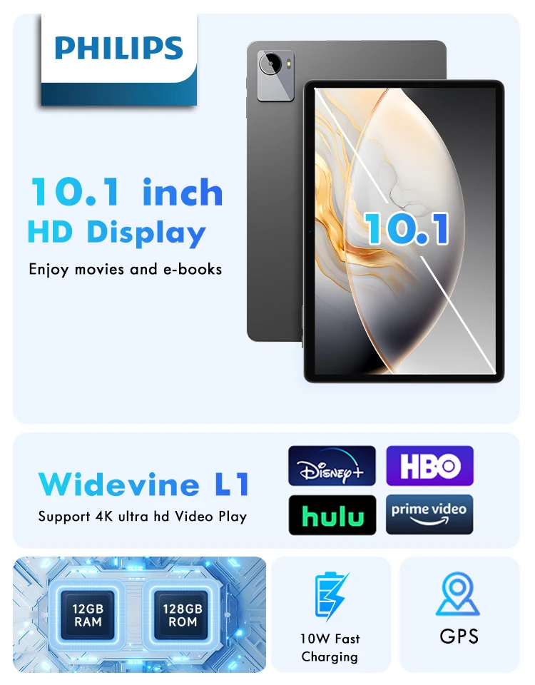 Global Version Philips T7305 AI Tablet 10.1' 12GB(+8GB Virtual RAM) 128GB 4G LTE Unisoc T606 5000mAh L1 Wifi Android 16 Tablets