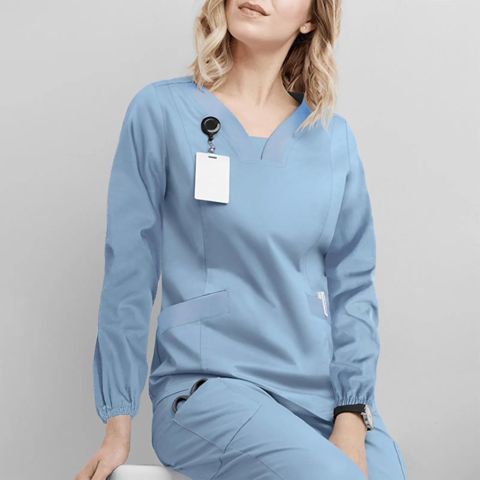 V-neck Workers Tops With Pocket Long Sleeve Solid Color Care Nurse Clothing Nurse And Surgeons Waterproof Isolation Clothing