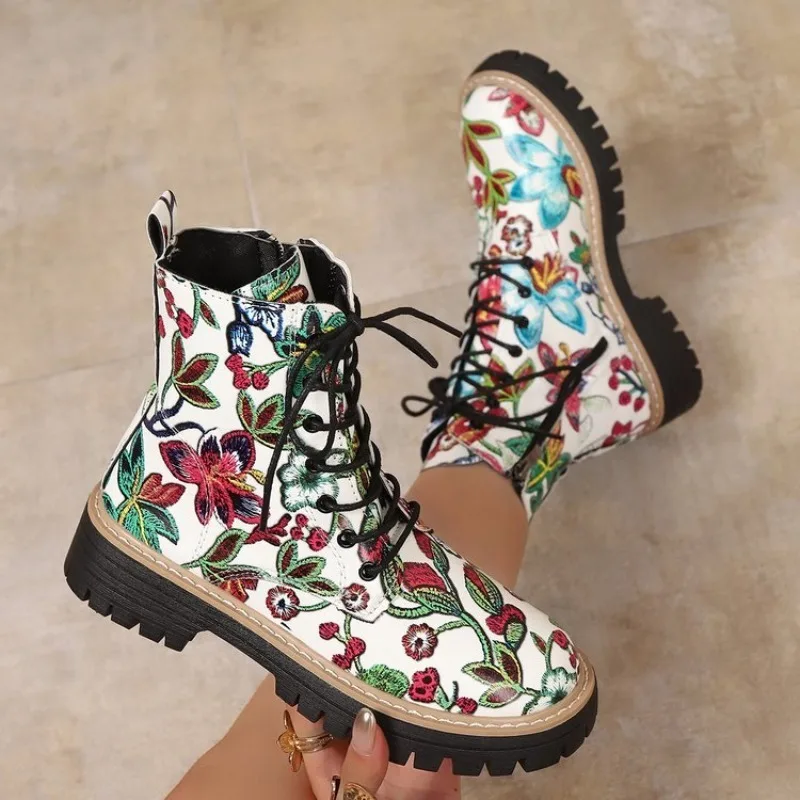 Women's Ankle Boots Round Toe Chunky Lug Sole Floral Print Lace-Up Inner Zipper Combat Booties Low Block Heel Casual Daily Shoes