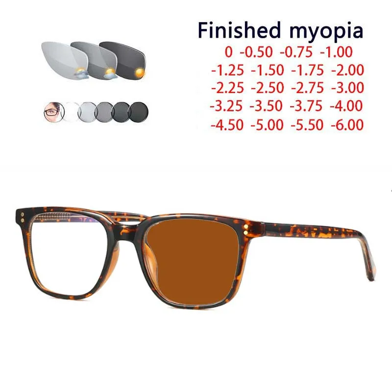 TR90 Square Rivets Photochromic Glasses Men Women Myopia Eyeglasses Students Short Sight Eyewear 0 -0.5 -1 -1.25 -1.5 -2.0 To -6