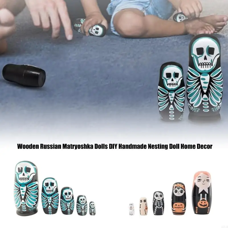 Wooden Nesting Dolls, 5-Piece Seasonal Set with Round Surfaces for Opening, Pairing, Sorting, and Stacking Play A2UB