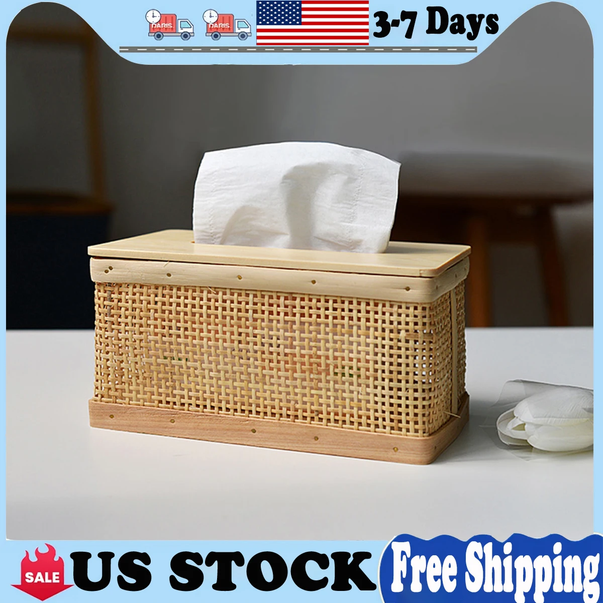 صندوق مناديل من حزام قصب الروطان الطبيعي على الطراز الريفي صندوق حامل مناديل منزلية