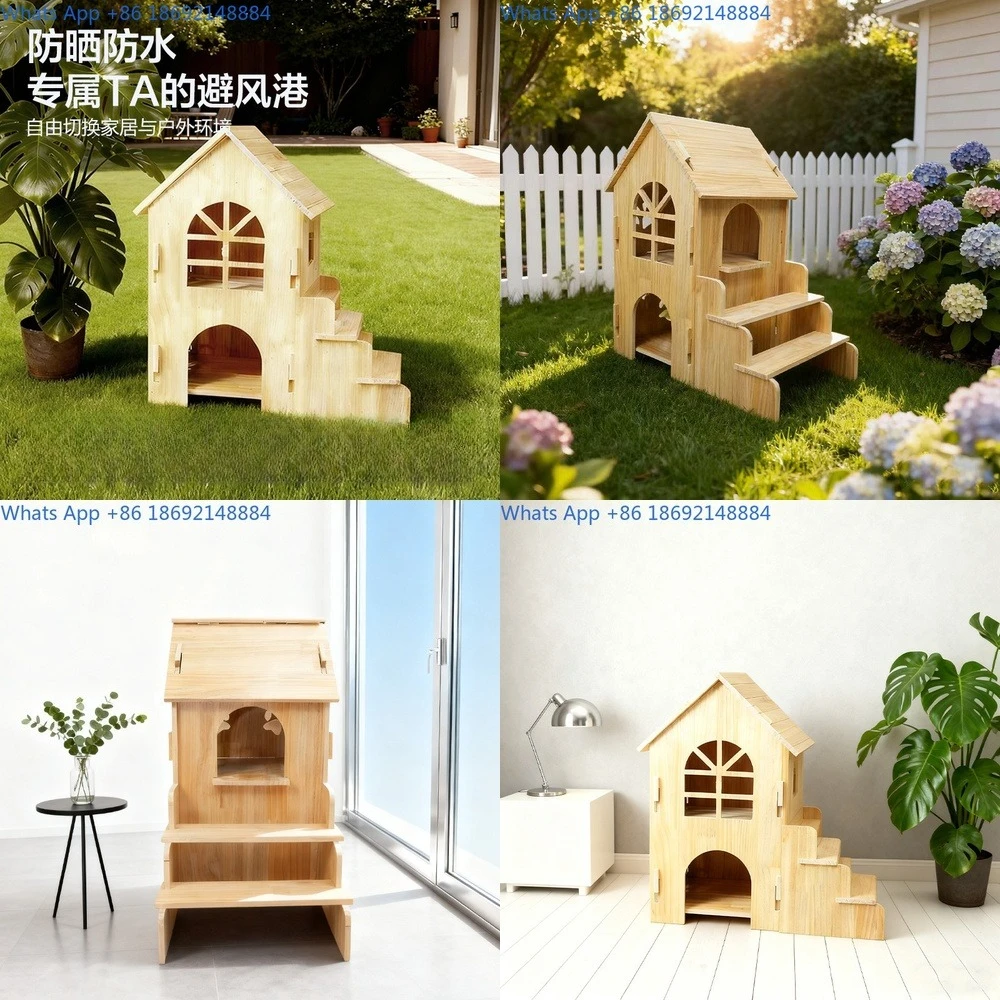 Double Decker Cat Tree Climbing Frame Semi Enclosed Wooden Multi Tier Cat Bed All Season Cat House for Kitten and Adult Cats