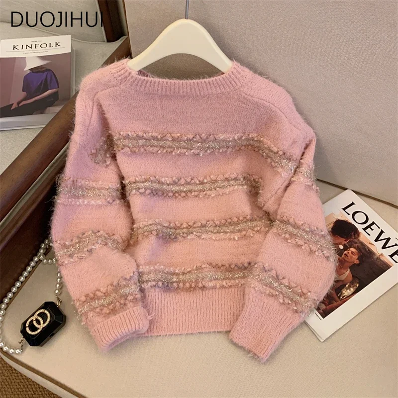 DUOJIHUI Pink Striped Sweet Soft Simple Sweater Women Pullovers Autumn New Knitting Basic O-neck Casual Fashion Female Pullovers