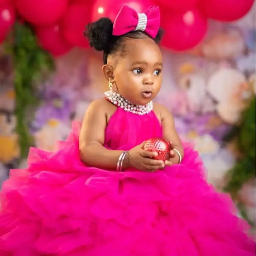 Hot Pink Fluffy Tulle Baby Girls Birthday Dress Pearls Princess Pageant Gown Infant Girl Party Photography