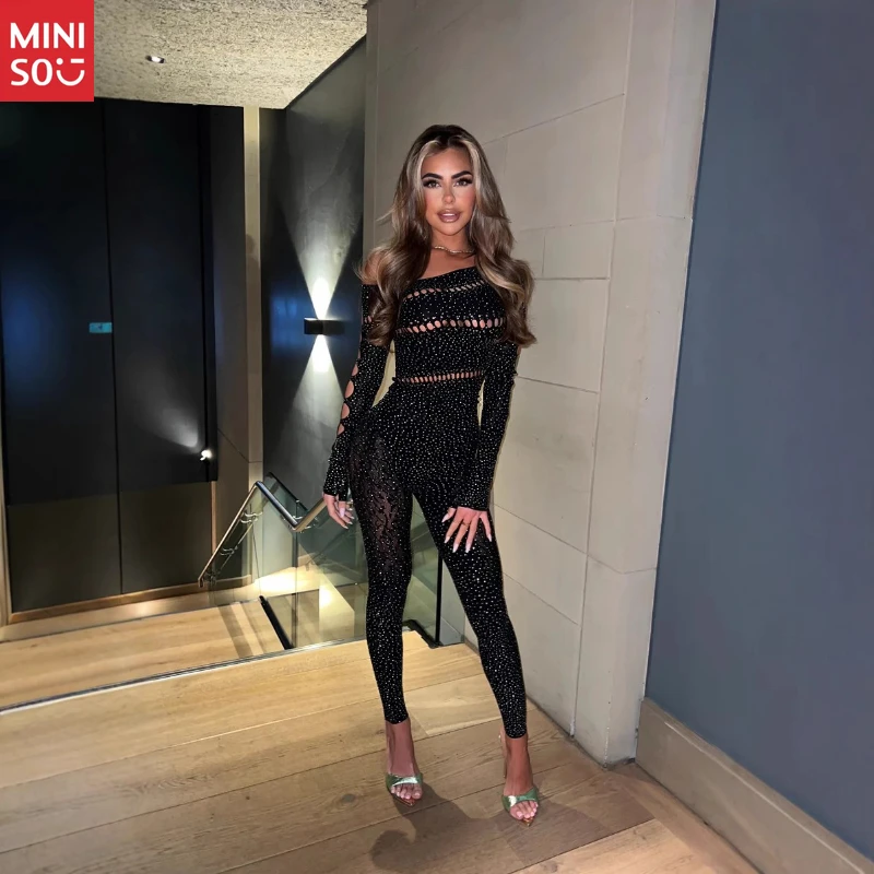 Miniso مثير ارتداءها طويلة الأكمام، تألق شبكة حجر الراين الملابس الداخلية، وصول جديد