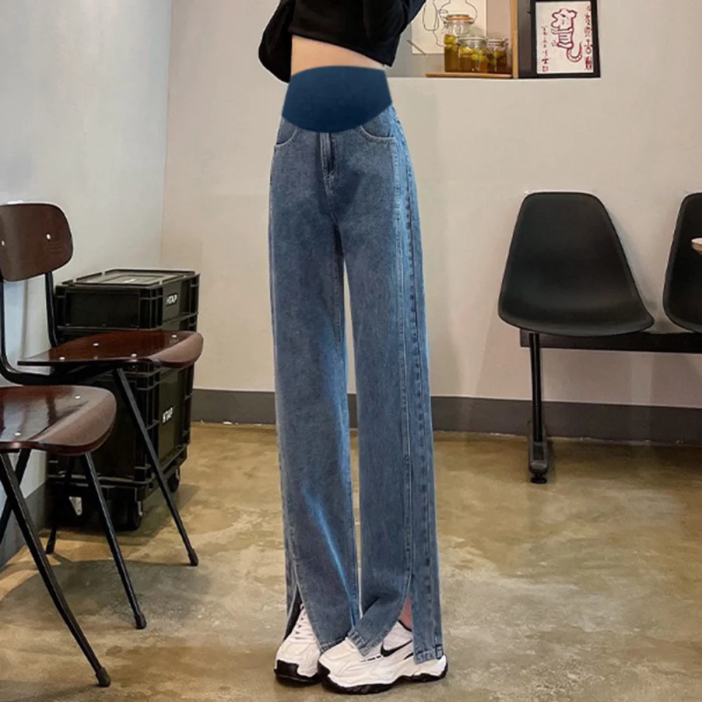 Split Denim Maternity Straight Long Jeans Wide Leg Loose Pants Clothes for Pregnant Women Chic Ins Pregnancy clothes for women