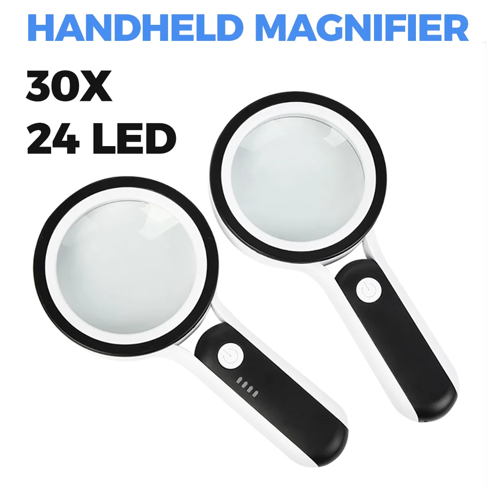 30X Handheld Magnifier 24 LED Illuminated Light 3 Lighting Modes Magnifying Glass Rechargeable Magnifier for Seniors Reading