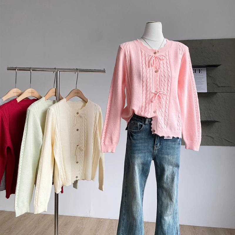 Cárdigan de punto coreano con agradable arco para mujer, suéter suave de manga larga de Color sólido a la moda, Tops informales sueltos suaves de otoño 2025