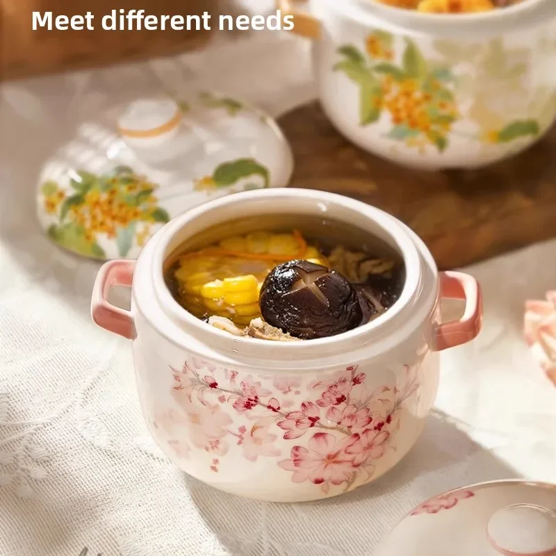 Double-Handle Ceramic Stew Pot with Lid Nutrient-Lock Design Thickened Soup Cooker Steam-Resistant Home Water Bath