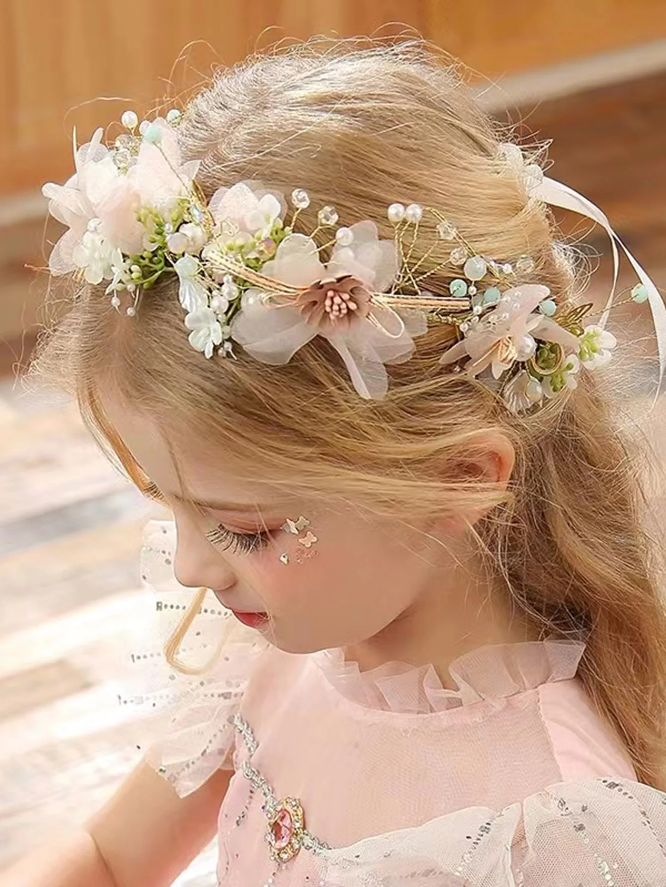 Girl\'s wreath headband, children\'s forest style birthday princess pearl hair band, fairy beauty flower child hair accessory, fai