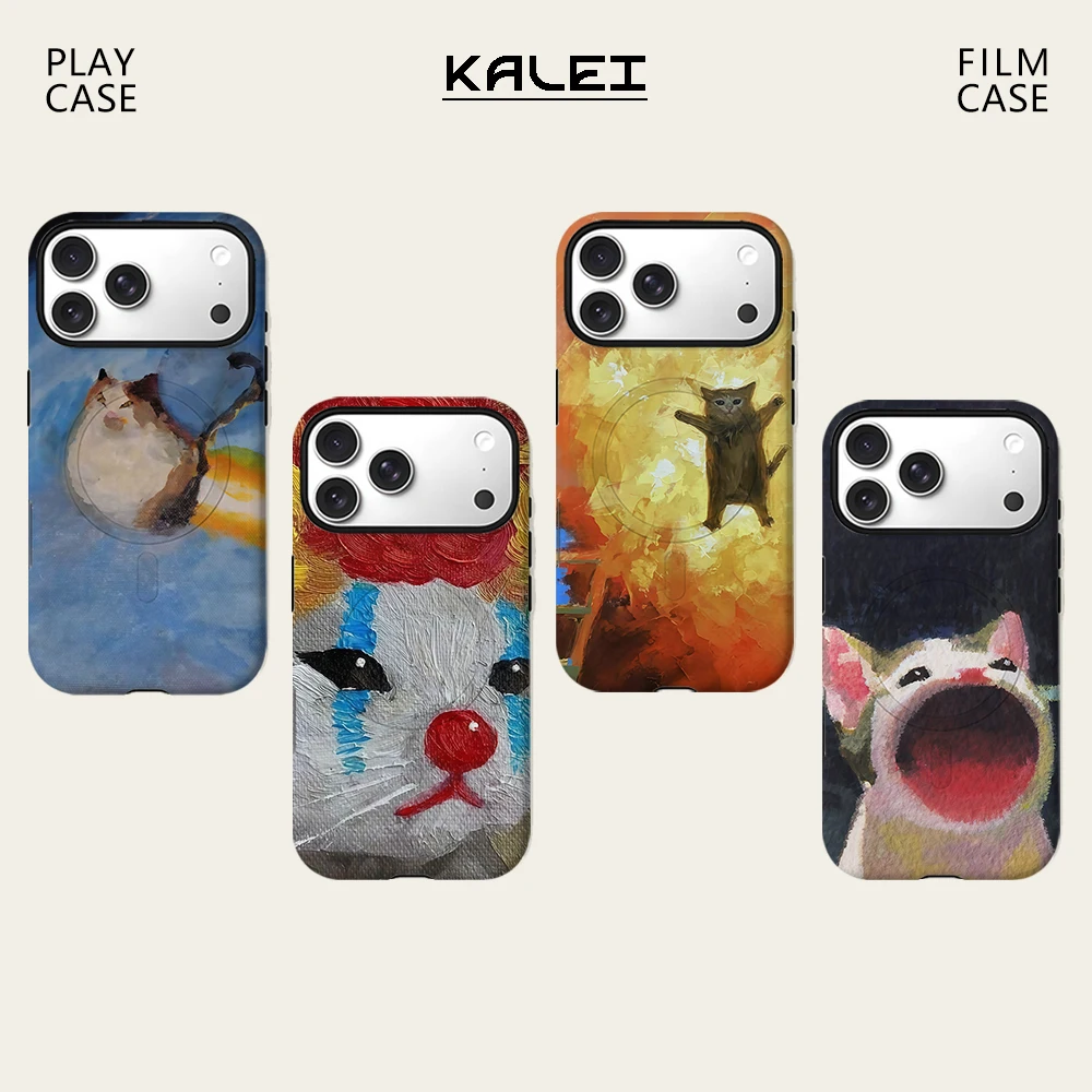 Abstraktes Ölgemälde Katze für magnetische Handyhülle für iPhone 17 16 15 14 13 Pro Max Plus – Robuste Einzel- und Doppelschicht-Hülle