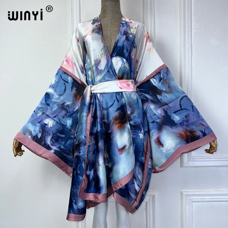 WINYI letnie kimono afrykańskie sukienka z nadrukiem plażowe boho elegancki kardigan stroje plażowe wakacyjne dla kobiet okrycie plażowe abaya